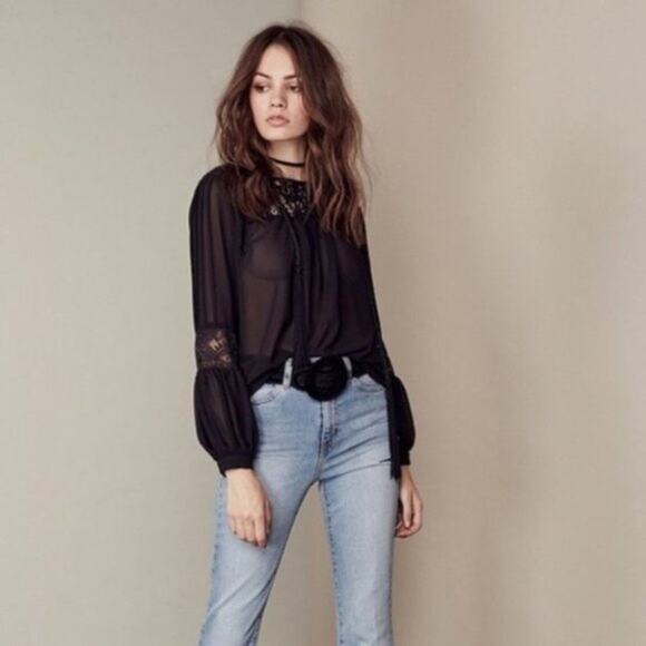 FOR LOVE & LEMONS Sacramento Lace Sheer Blouse Black {3J11} - Picture 1 of 6